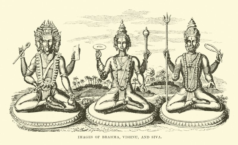 Beelden van Brahma, Vishnu en Siva door English School