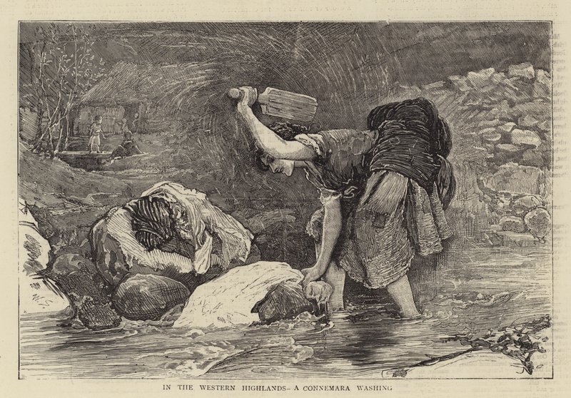 In de westelijke hooglanden, een Connemara-was (gravure) door English School