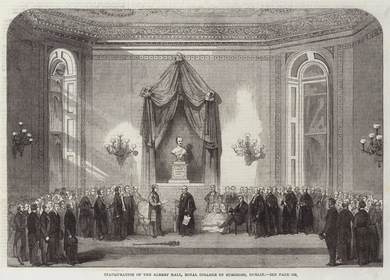 Inhuldiging van de Albert Hall, Koninklijk College van Chirurgen, Dublin (gravure) door English School