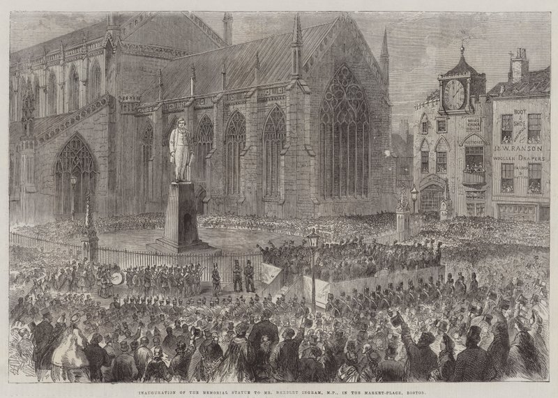 Inhuldiging van het gedenkbeeld voor de heer Herbert Ingram, MP, op de markt in Boston door English School