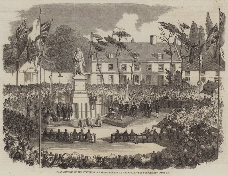 Inhuldiging van het Standbeeld van Sir Isaac Newton in Grantham (gravure) door English School
