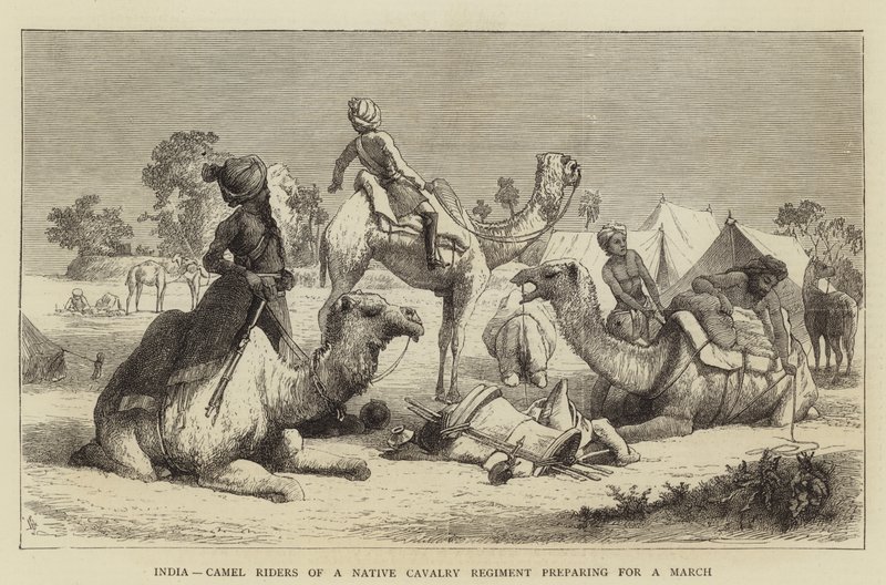 India, Kameelrijders van een inheems cavalerie regiment bereiden zich voor op een mars door English School