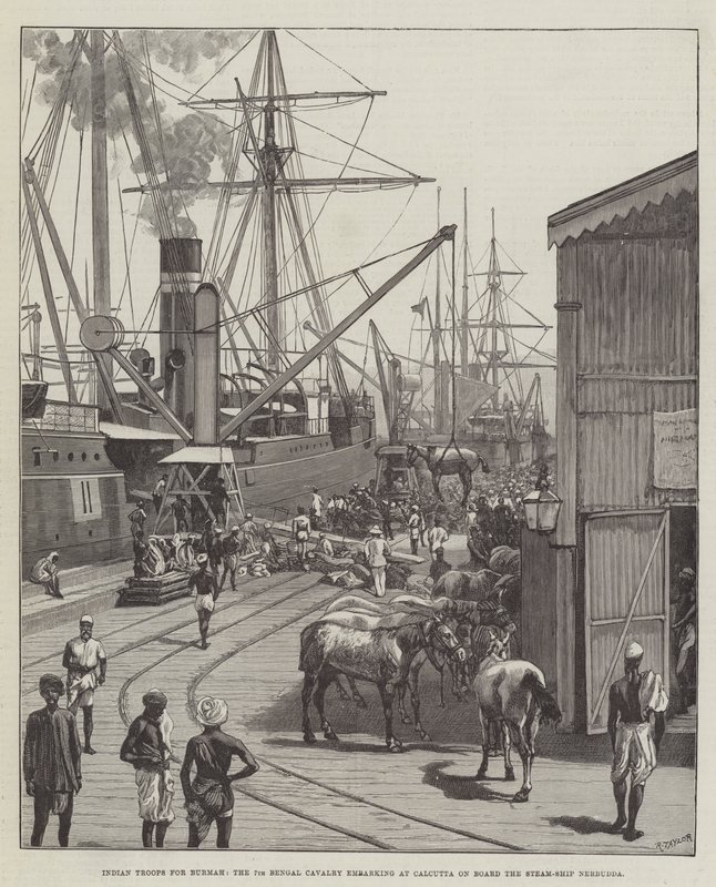 Indiase troepen voor Birma, de 7e Bengal Cavalerie inscheping in Calcutta aan boord van het stoomschip Nerbudda door English School