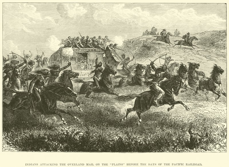 Indianen vallen de Overland Mail aan op de vlaktes vóór de dagen van de Pacific Railroad door English School