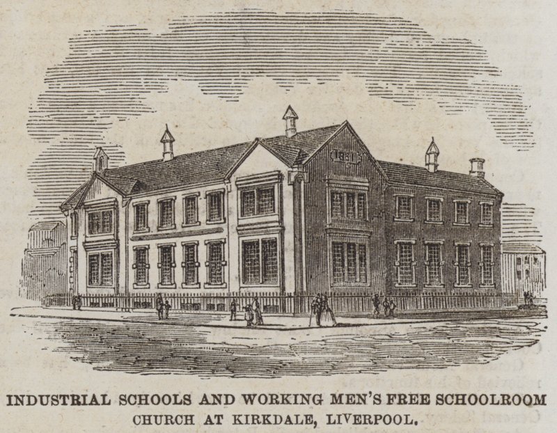 Industriële scholen en gratis schoolkerk voor arbeiders in Kirkdale, Liverpool (gravure) door English School