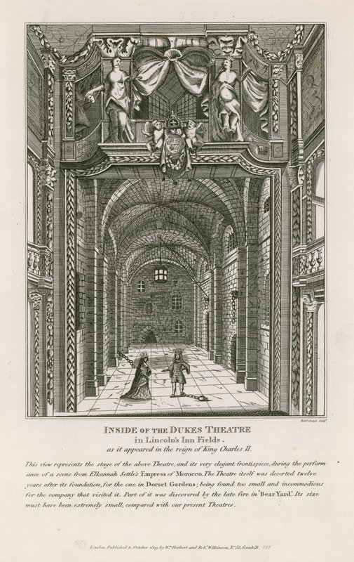 Binnenkant van het Dukes Theatre in Lincolns Inn Fields, zoals het verscheen tijdens het bewind van koning Charles II door English School