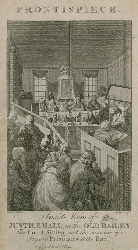 Binnenaanzicht van Justice Hall in de Old Bailey, de rechtbank zittend, en de manier van het berechten van gevangenen aan de Bar door English School