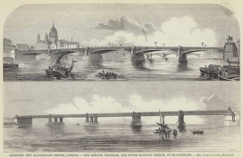 Voorgenomen nieuwe Blackfriars Bridge, Londen, de London, Chatham en Dover Railway Bridge, bij Blackfriars door English School