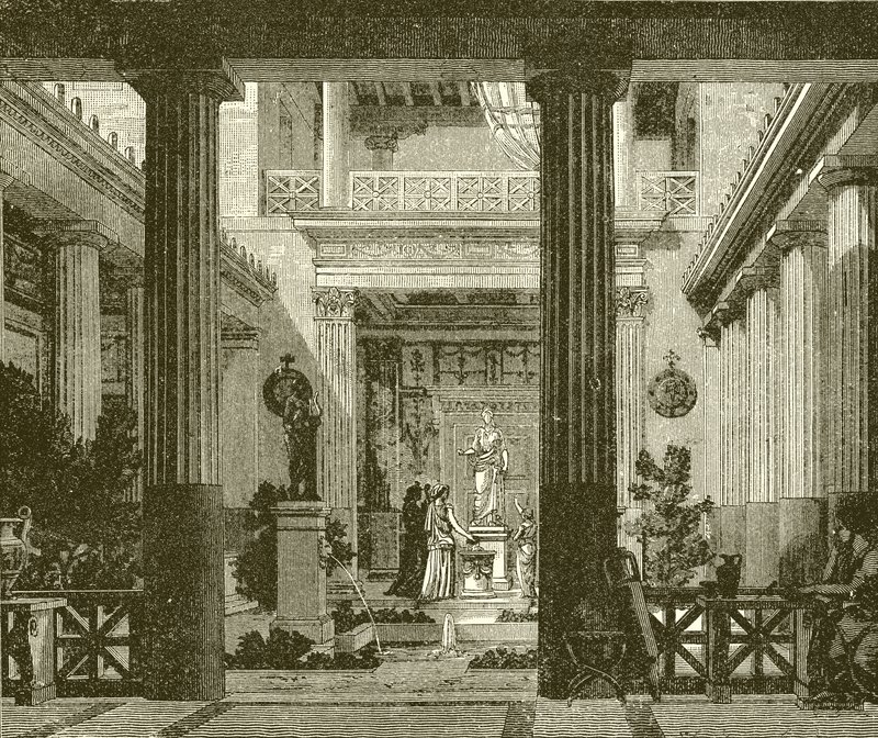 Binnenplaats van een Grieks huis met een standbeeld van de godin Hestia door English School