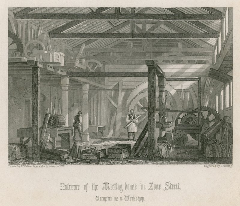 Interieur van John Bunyans ontmoetingshuis in Zoar Street, Gravel Lane, Southwark door English School