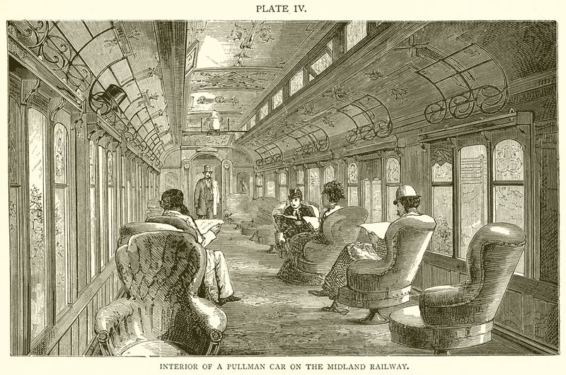 Interieur van een Pullman-wagen op de Midland Railway door English School