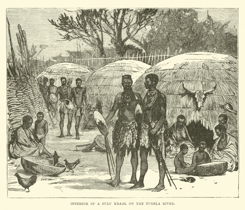 Interieur van een Zulu Kraal aan de Tugelarivier door English School