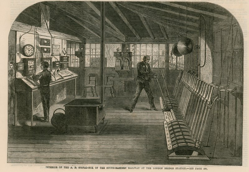 Interieur van de A, B, seinhuis van de South-Eastern Railway bij het London Bridge station door English School