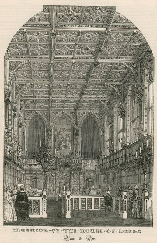 Interieur van het House of Lords, Westminster, Londen, vanuit de bar door English School