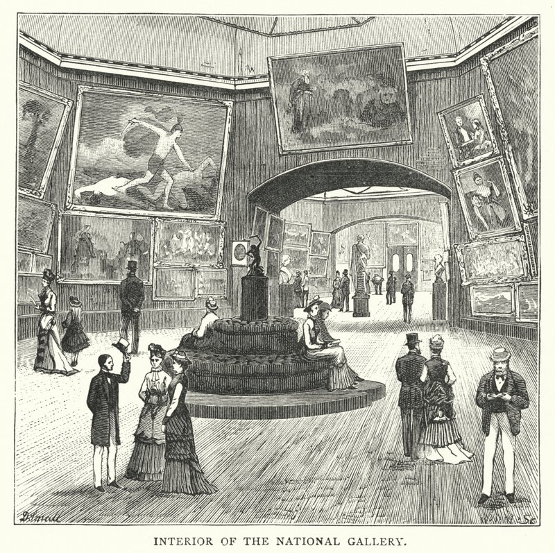 Interieur van de Nationale Galerie (gravure) door English School