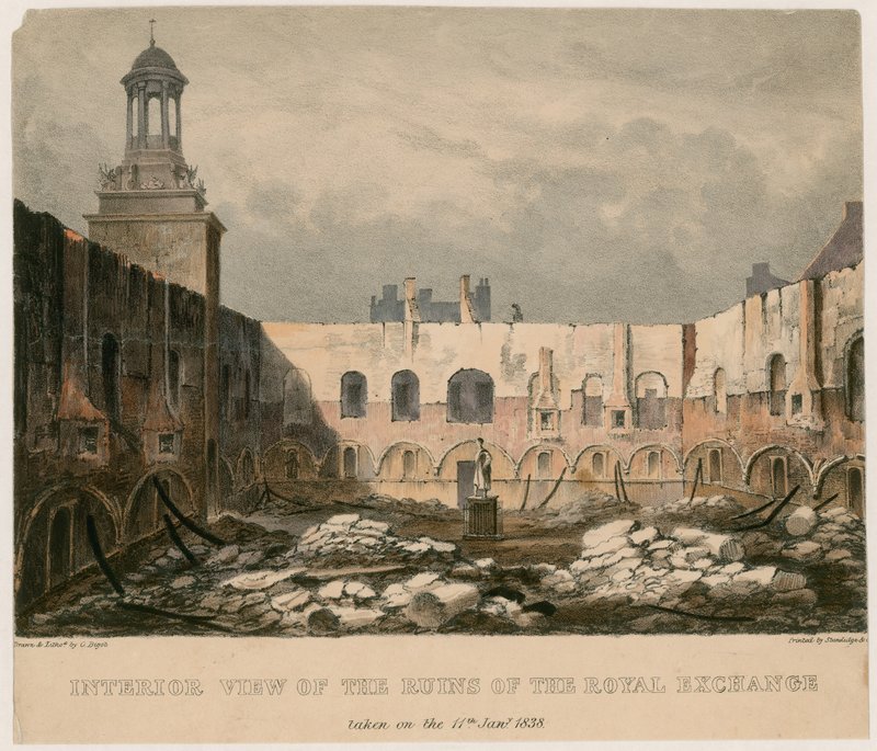 Interieur van de ruïnes van de Royal Exchange, Londen, genomen op 11 januari 1838 door English School