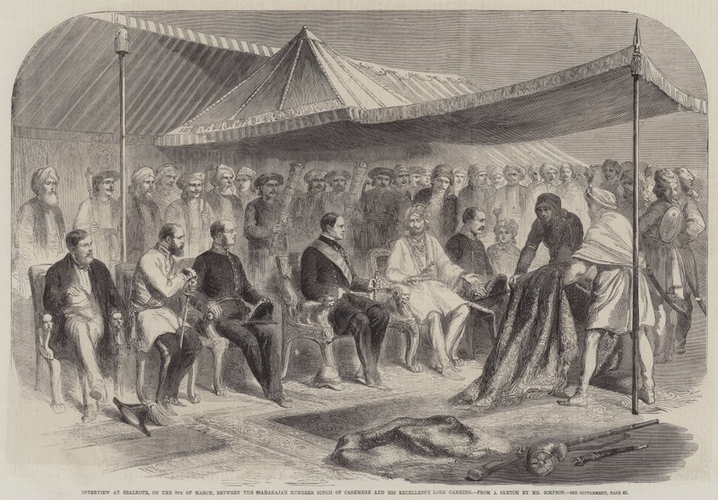 Interview in Sealkote, op 9 maart, tussen de Maharajah Rumbeer Singh van Kasjmir en Zijne Excellentie Lord Canning (gravure) door English School