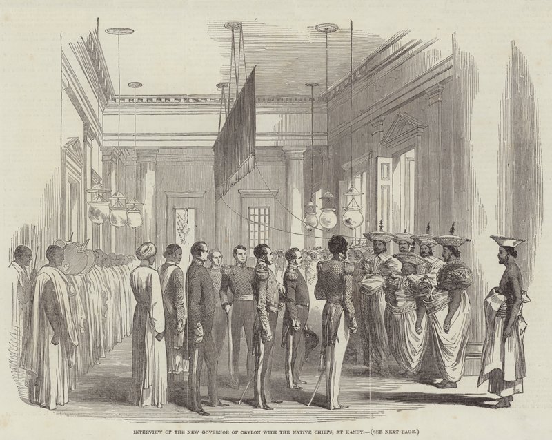 Ontmoeting van de nieuwe gouverneur van Ceylon met de inheemse hoofden, in Kandy door English School