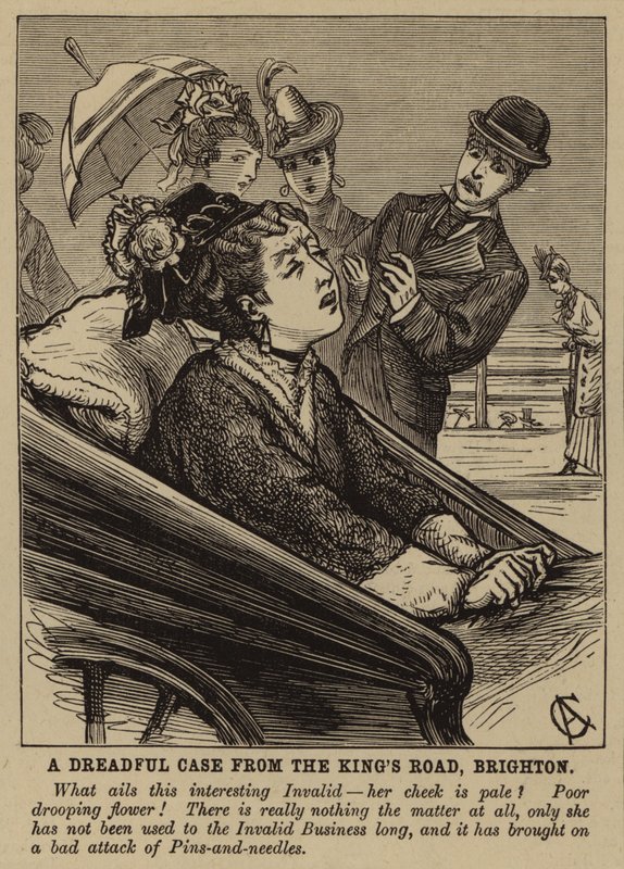 Zieke vrouw die een aanval van spelden en naalden heeft in Brighton (gravure) door English School