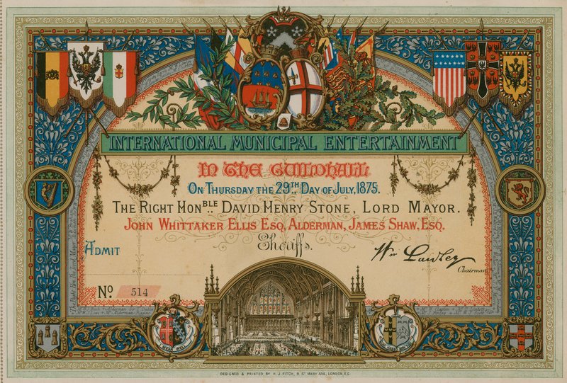 Uitnodiging voor Internationaal Gemeentelijk Vermaak in de Guildhall, Londen, op 29 juli 1875 door English School