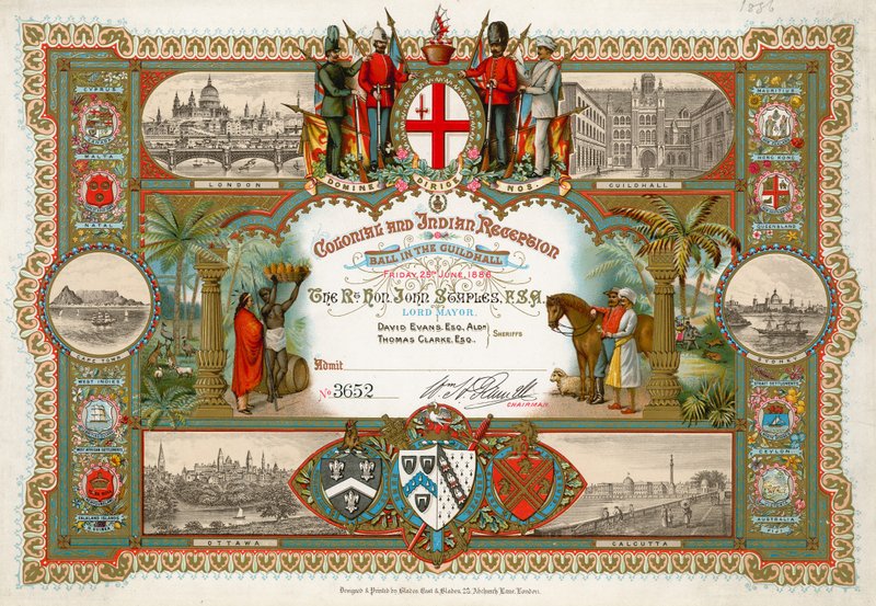 Uitnodiging voor een Koloniaal en Indiaas ontvangst in de Guildhall, Londen, op 25 juni 1886 door English School