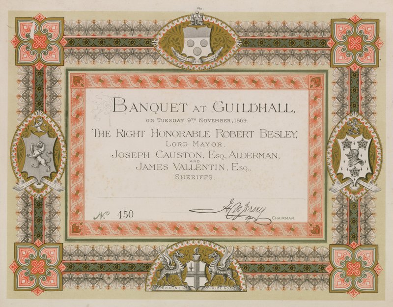 Uitnodiging voor een banket in de Guildhall, Londen, op 9 november 1869 door English School