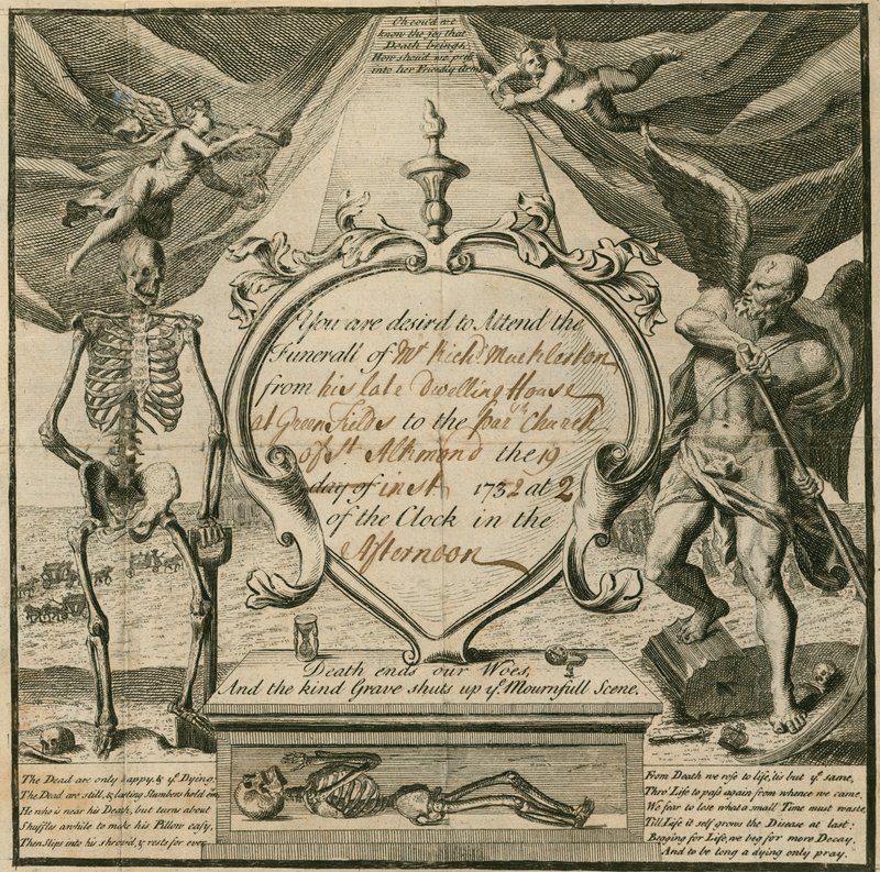 Uitnodiging om de begrafenis van Mr Richard Mackleston bij te wonen in 1732 door English School