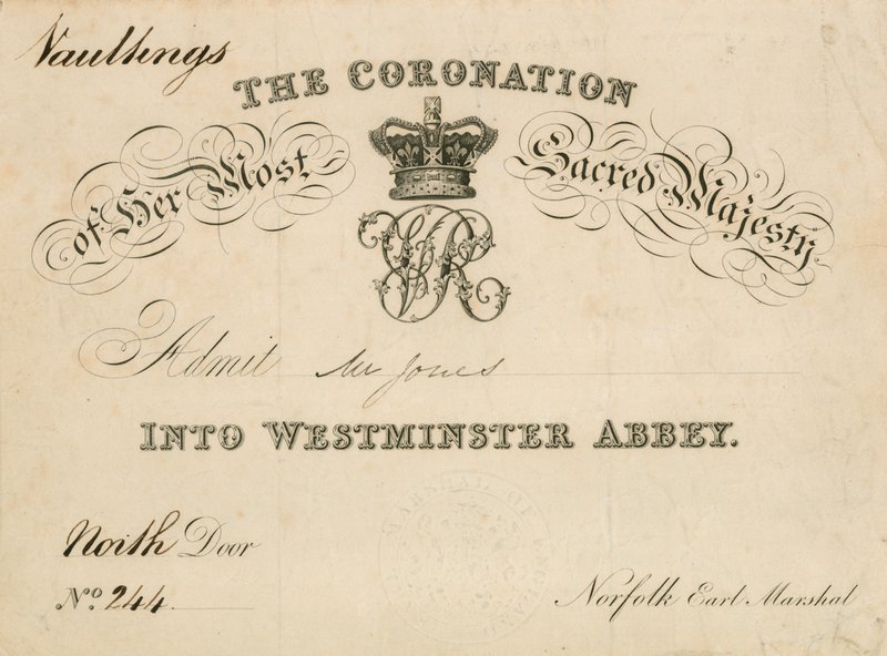Uitnodiging voor de kroning van Hare Heilige Majesteit in Westminster Abbey, 28 juni 1838 door English School