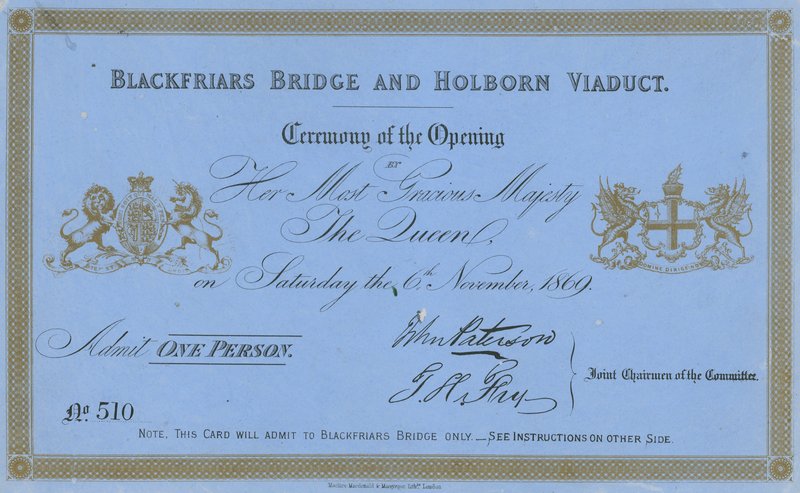 Uitnodiging voor de opening van Blackfriars Bridge en Holborn Viaduct door English School