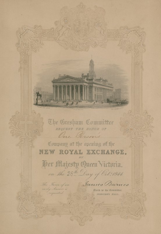 Uitnodiging voor de opening van de nieuwe Royal Exchange, Londen, door Hare Majesteit Koningin Victoria op 28 oktober 1844 door English School