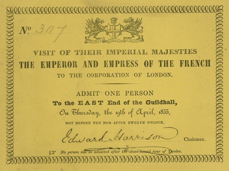 Uitnodiging voor het bezoek van hun Keizerlijke Majesteiten, de Keizer en Keizerin van Frankrijk, in de Guildhall, Londen, op 19 april 1855 door English School