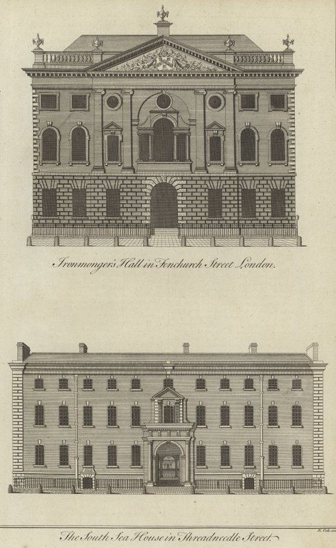 Ironmongers Hall, Fenchurch Street en het South Sea House, Threadneedle Street, Londen door English School