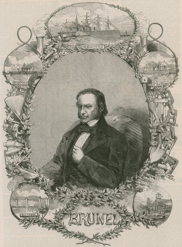 Isambard Kingdom Brunel omringd door enkele van zijn prestaties door English School