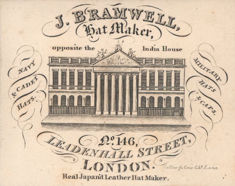 J Branwell, hoedenmaker, 146 Leadenhall Street, handelskaart door English School