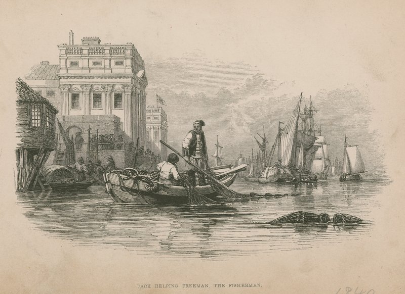 Jack helpt Freeman de visser; illustratie uit Poor Jack door Frederick Marryat door English School