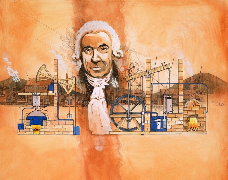 James Watt met ovens en mechanische pompen op de achtergrond door English School