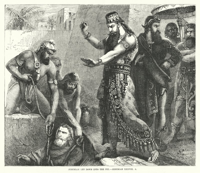 Jeremia neergelaten in de put, Jeremia XXXVIII, 6 (gravure) door English School