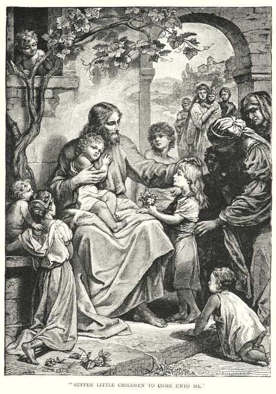 Jezus Christus en de kinderen (gravure) door English School