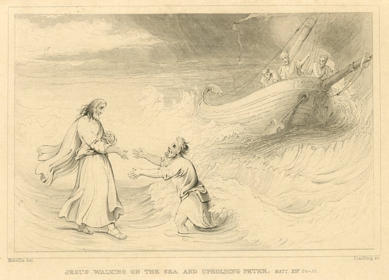 Jezus loopt op het water en ondersteunt Petrus, Matteüs XIV, 24-33 (gravure) door English School