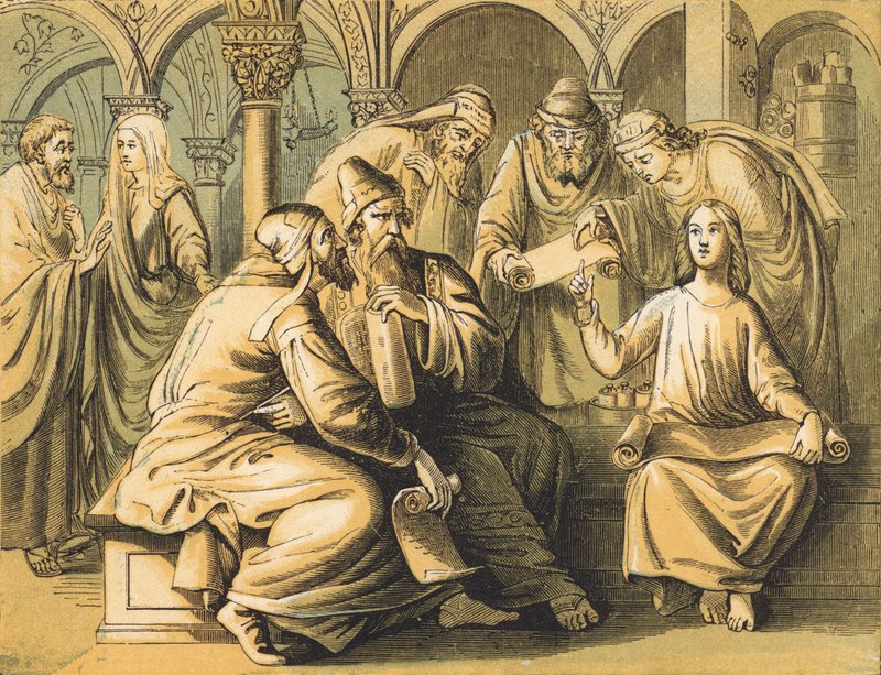 Jezus met de schriftgeleerden (gekleurde gravure) door English School
