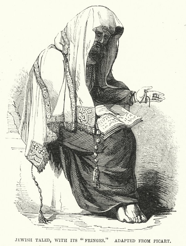Joodse taled, met zijn "Fringes," aangepast van Picart (gravure) door English School