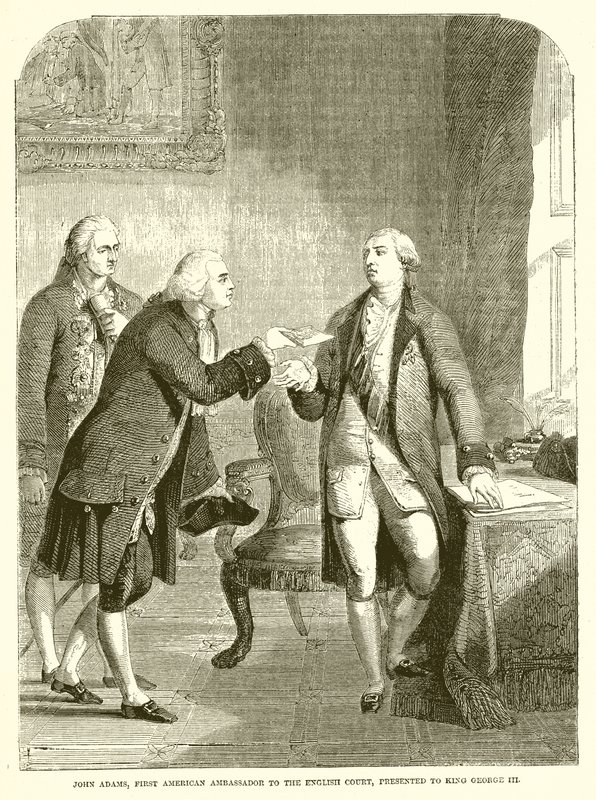 John Adams, eerste Amerikaanse ambassadeur aan het Engelse hof, gepresenteerd aan koning George III door English School