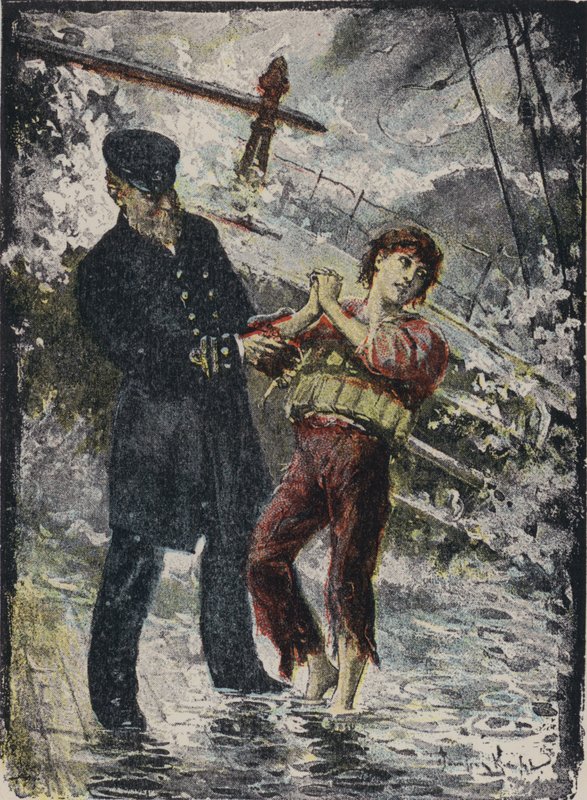 John Alexander Strachan, kapitein van het stoomschip Cyprian, geeft zijn reddingsvest aan een jonge verstekeling voordat het schip verging in een storm voor de kust van Wales in 1881 door English School