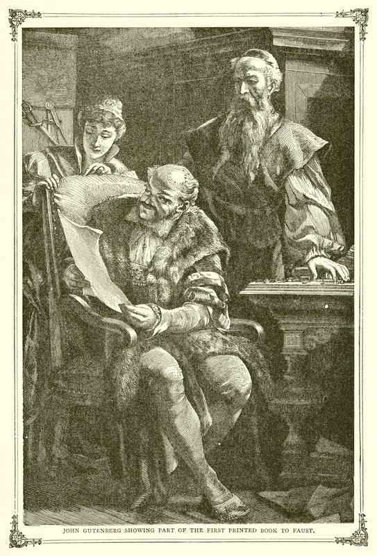 Johannes Gutenberg toont een deel van het eerste gedrukte boek aan Faust door English School
