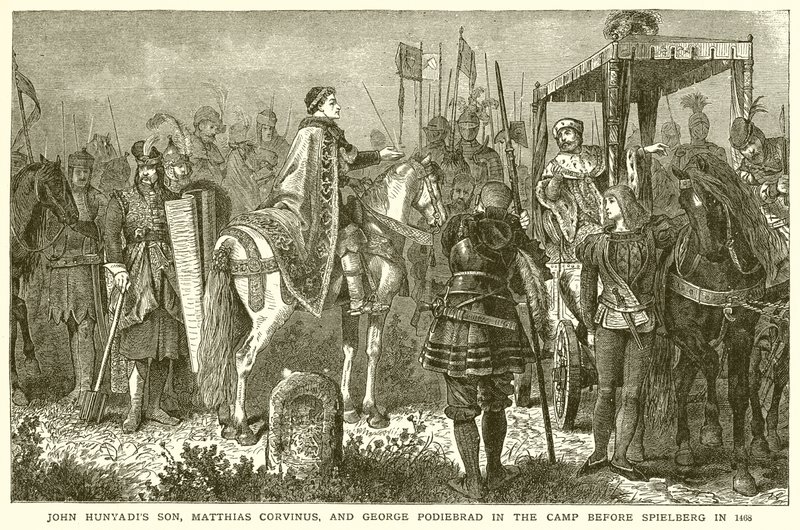 Zoon van John Hunyadi, Matthias Corvinus, en George Podiebrad in het kamp voor Spielberg in 1468 door English School