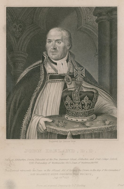 John Ireland, die de kroon hield bij de Kroning van Zijne Majesteit Koning George IV door English School
