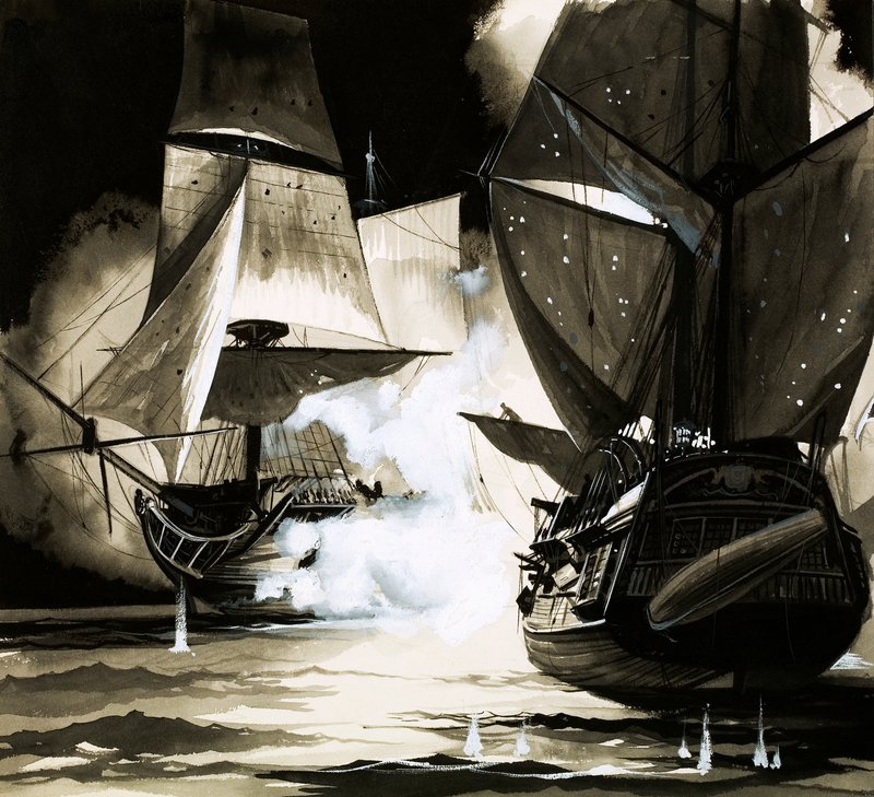 Het schip van John Paul Jones - een brandend wrak door English School