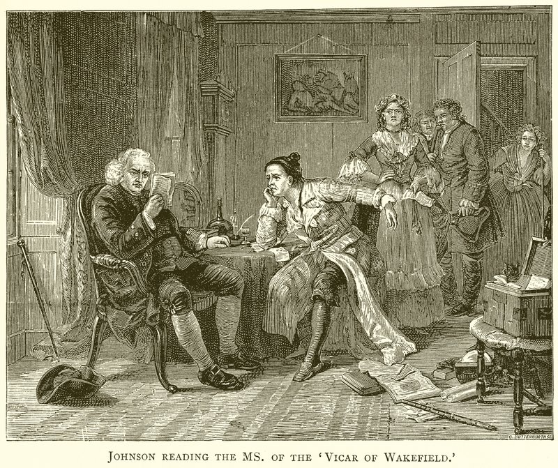 Johnson leest het manuscript van de Vicar of Wakefield door English School