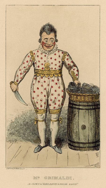 Joseph Grimaldi als Clown in Harlequin en Friar Bacon door English School