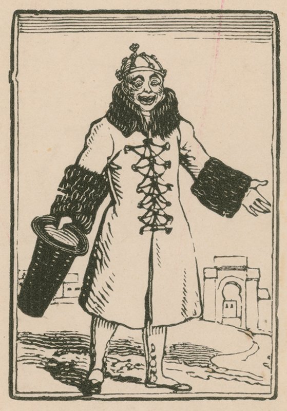 Joseph Grimaldi als Clown zingt All the World in Paris, Surrey Theatre, 1814 door English School